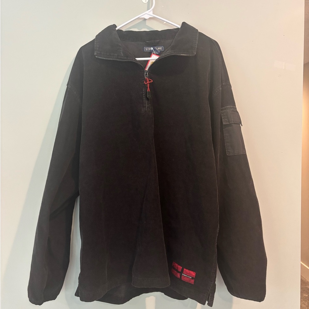 Structure Black Corduroy Top with Red Accent 100% cotton